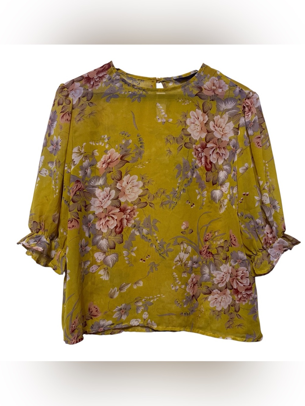 Sheer Floral Ruffled Puff-Sleeve Blouse Women’s Medium Boho Coquette Peasant